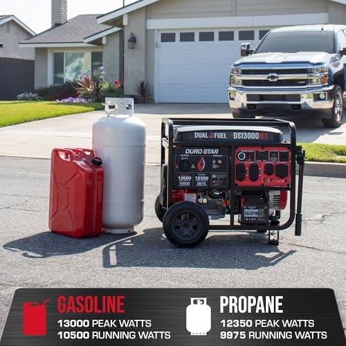 DuroStar DS13000MX generator shown outdoors on driveway beside propane tank and gas can with truck in background