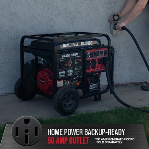 Person connecting power cord to DuroStar DS13000MX generator outdoor 50 amp outlet against exterior wall